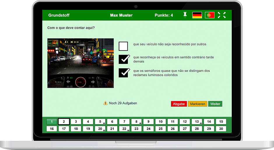 Fragebogen des Führerscheintests in Portugiesisch